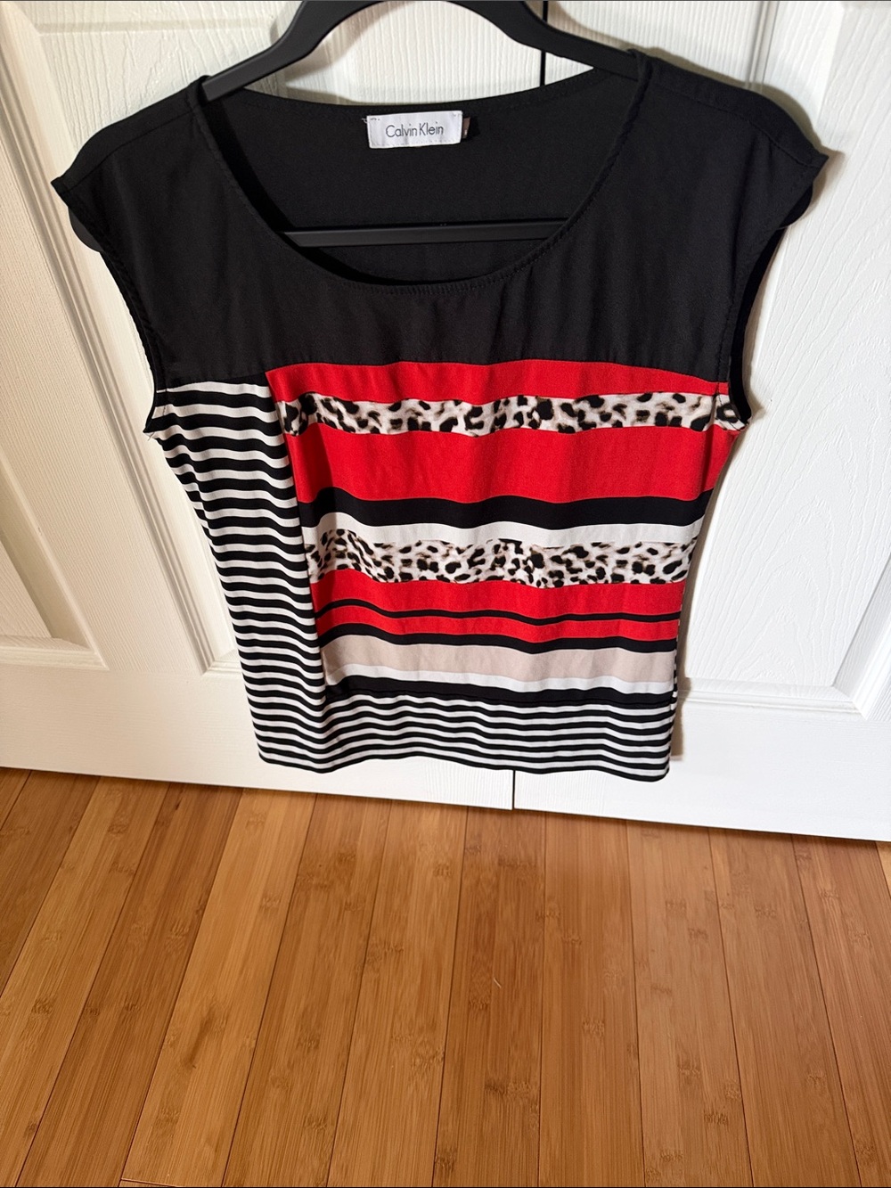 Calvin Klein Black, Red & White Striped Tee with Leopard Accent